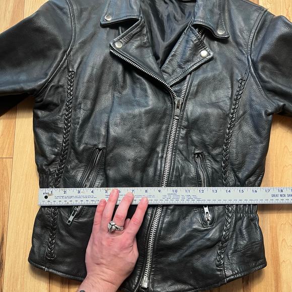 VINTAGE 80s Motorcycle Jacket Womens Small Cross Zip Biker Greaser Punk Braided - Picture 3 of 8
